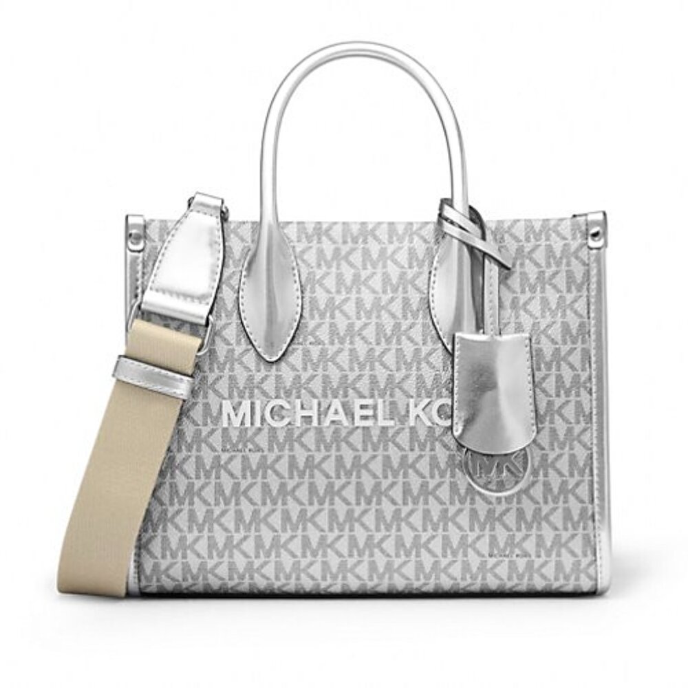 New Michael Kors Mirella Small Shopper Metallic Signature Logo Top Zip Crossbody